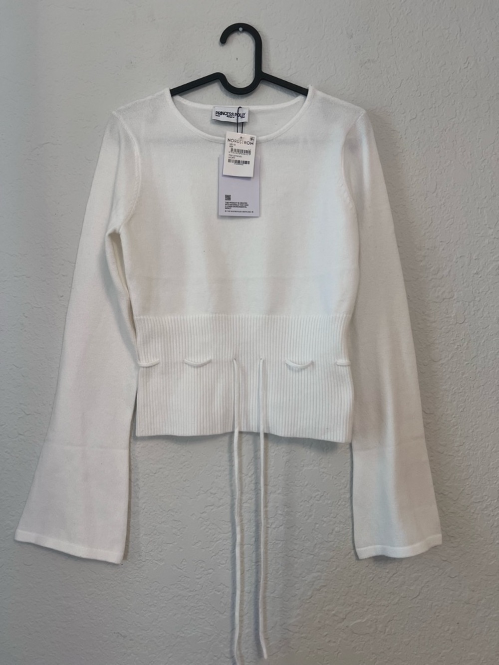 Princess Polly White Ribbed Waist Tie Long Sleeve Top